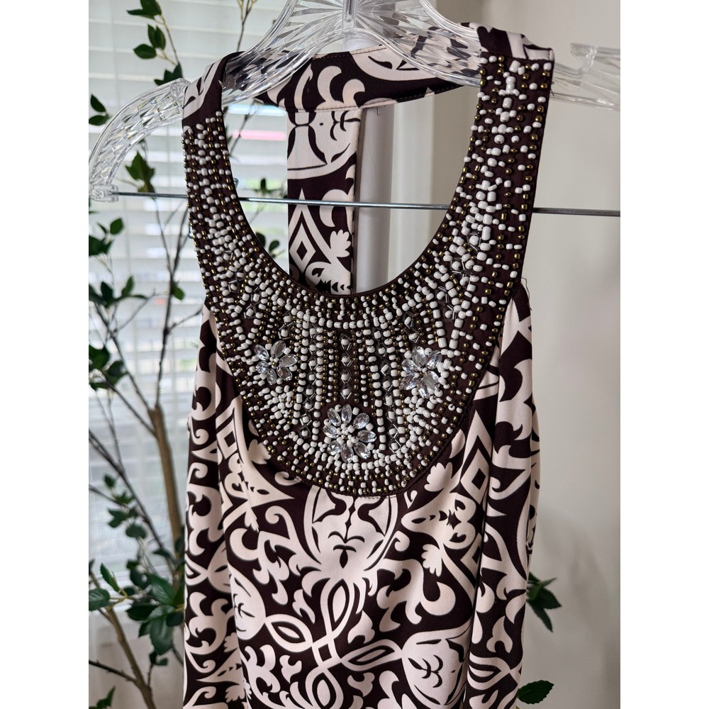 INC International Concepts Beaded Damask Racerback Sheath Dress Brown Cream XS - Picture 3 of 5